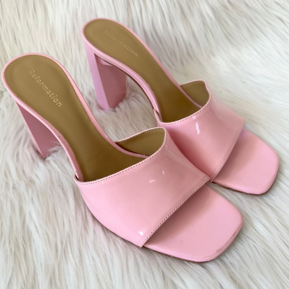REFORMATION Georgi Block Heel Sandal Patent Leather Square Toe Mule, Pop Pink - Picture 2 of 11
